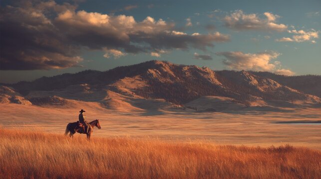 Majestic cowboy on horseback amidst a sunset valley landscape with mountains