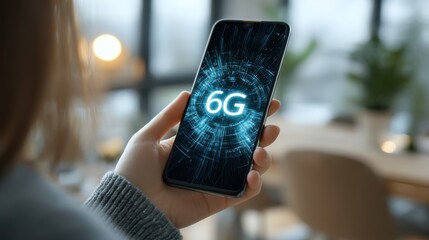 Hand holding smartphone with 6G technology concept displayed on screen