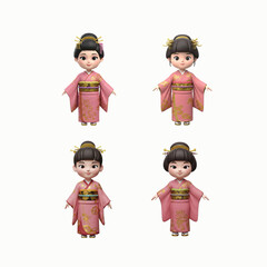 Adorable 3D Models of Young Girls in Traditional Kimonos Japanese Culture and Anime-Style Characters