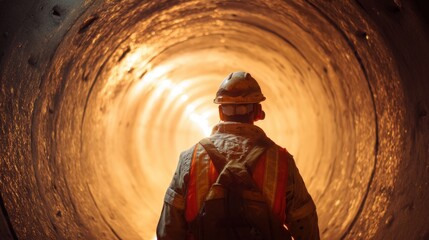 Construction worker in high visibility clothing inside an illuminated tunnel