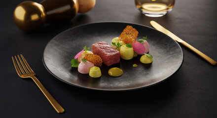 Gourmet Beef Dish Elegant Modern Cuisine on Black Plate with Gold Cutlery