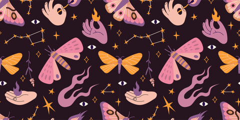 Seamless pattern with moths, flames, eyes and magical symbols. Mysterious design for witchy themes, tarot accessories or spiritual decor. Vector illustration on black background, hand drawn, flat