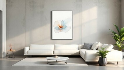 sofa, wooden frame, white walls, minimalist decor, modern interior design, natural lighting, empty frame, wooden floor, textured rug, neutral color palette, clean lines, simple elegance
