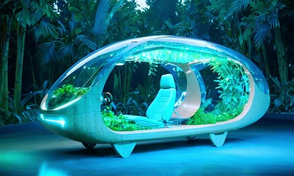 A futuristic transparent pod-like structure with a blue light illuminating the interior. The background appears to be a dense, green forest.