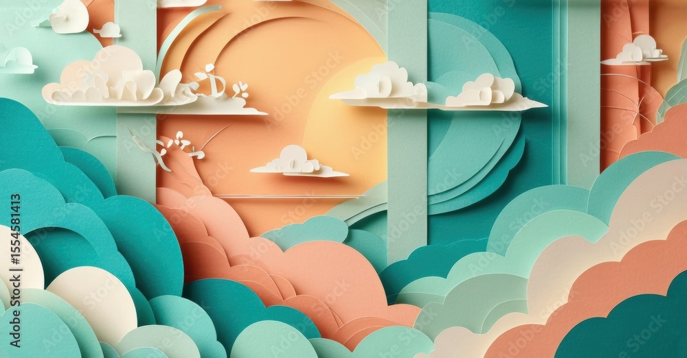 Poster papercraft landscape. soft colors create serene scene. clouds, sun, hills form layered composition. 
