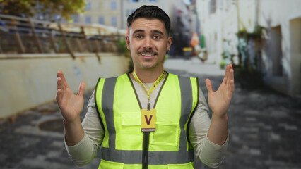 Hispanic man wearing reflective vest with surprised expression in city street, showcasing volunteer...