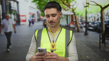Hispanic man wearing reflective vest volunteering on city street with trees and buildings visible,...
