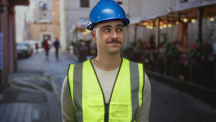 Young hispanic man wearing a reflective vest and hardhat stands on an outdoor terrace of a...