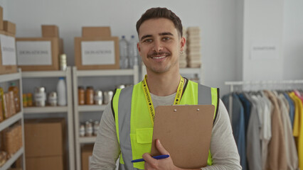 Young man in a reflective vest with clipboard at a charity donation center filled with boxes and...