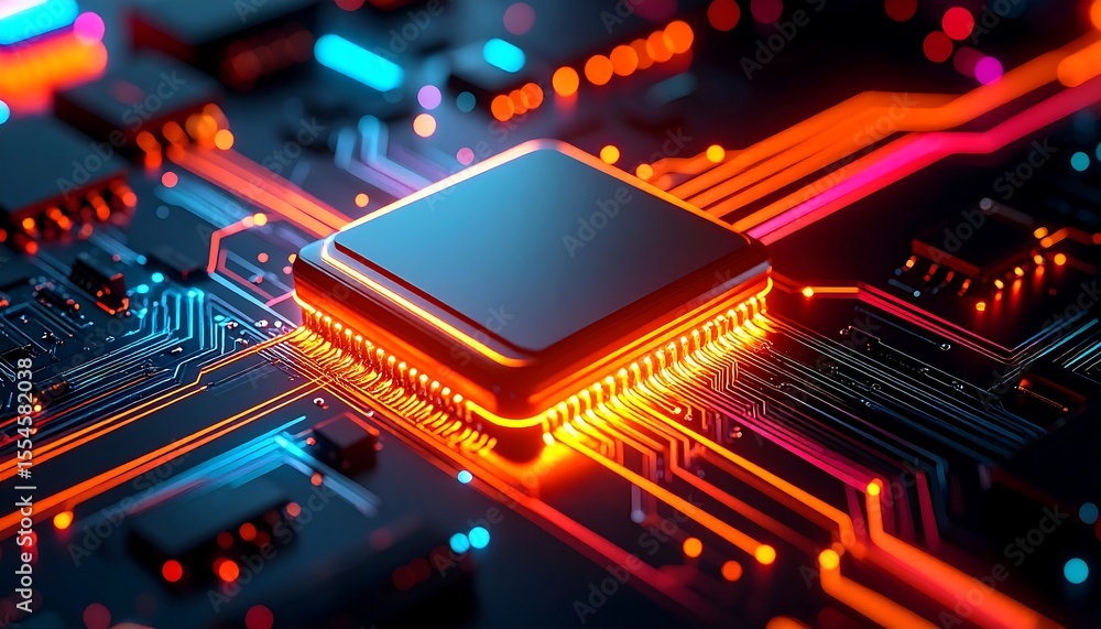 Poster glowing cpu processor futuristic tech concept on a dark circuit board background.