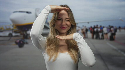 Woman smiles and holds hands beside face framing gesture at airport; optimism anticipation...