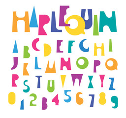 Asymmetrical, humorous, funny, colorful font with the theme of a holiday, party, carnival and performance. Circus, theater, book, literature, fairy tale, cartoon, captions. Latin alphabet. No AI used