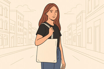 Young Woman Standing on City Street with Plain Tote Bag Mockup