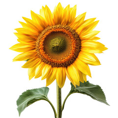 Isolated sunflower close up photography, yellow sunflower blossom with green leaves