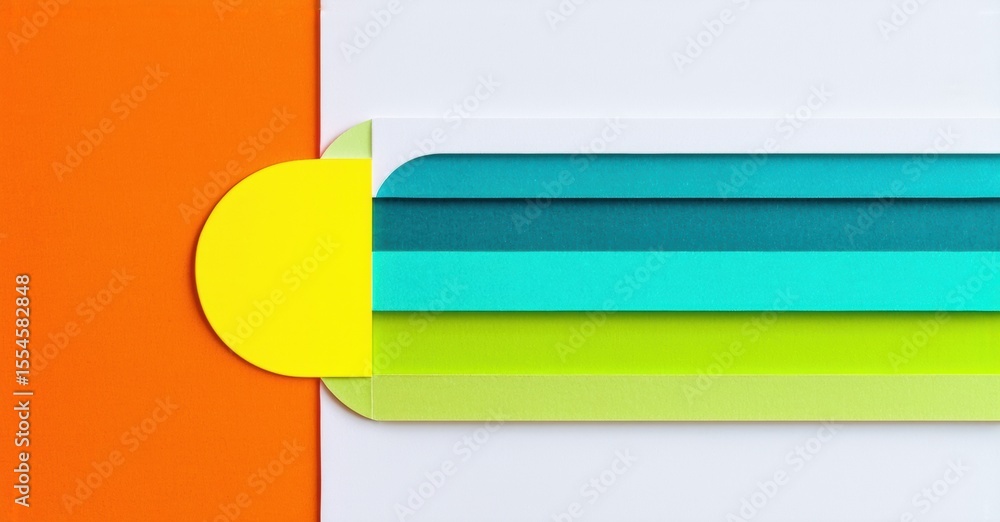 Poster Abstract paper layers create vibrant composition. Colors overlap, forming dynamic visual interest. Minimalist design, clean lines, modern aesthetic.