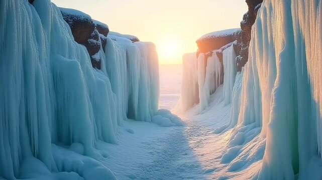 Frozen ice canyon path glowing under sunrise light in dramatic winter wonderland environment