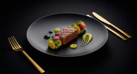 Gourmet Steak Dinner Pan Seared Beef with Artistic Vegetable Garnish and Sauces on Black Plate