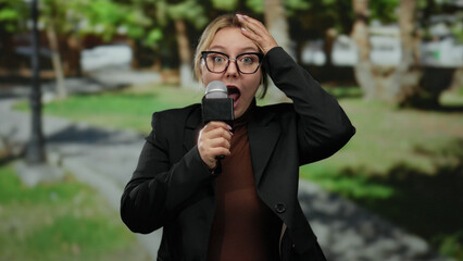 Woman reporter holding microphone in outdoor park setting with green trees in background,...