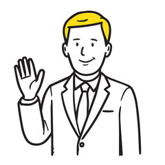 Simple Line Art Man in Suit Waving Hand Character Illustration
