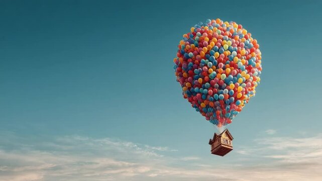 House Flying with Balloons: A Colorful Dreamscape in the Sky in a Bright Day