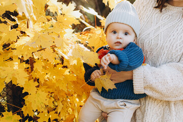 Cute baby boy in mothers hands close up in autumn yellow leaves. Childhood. Stylish woman with adorable son in cozy warm sweaters relaxing in fall park