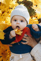 Cute baby boy with autumn yellow leaves close up. Childhood. Stylish mother holding adorable son in cozy warm sweaters in fall park