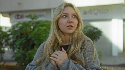 Young blonde woman appears concerned outside on city street under bright daylight surrounded by...
