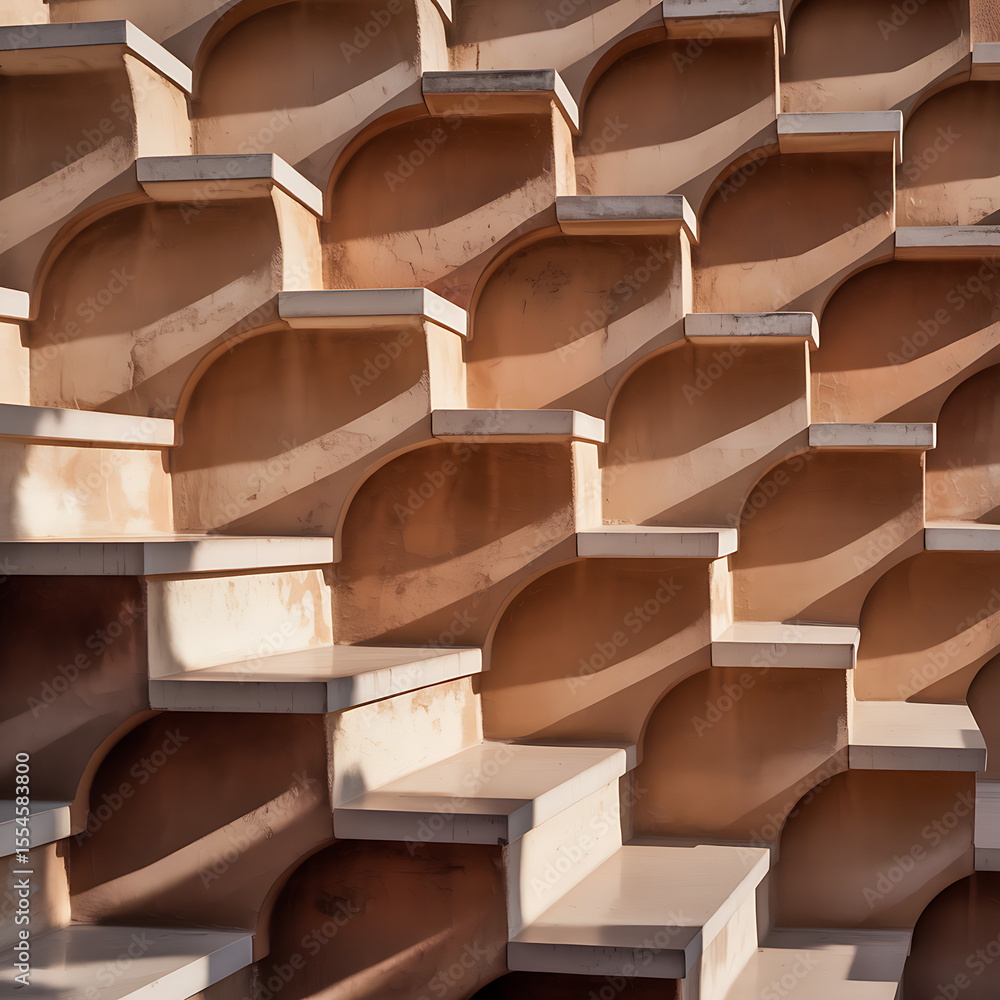 Poster a beige wall features a geometric pattern of stacked arches and steps creating an abstract architect