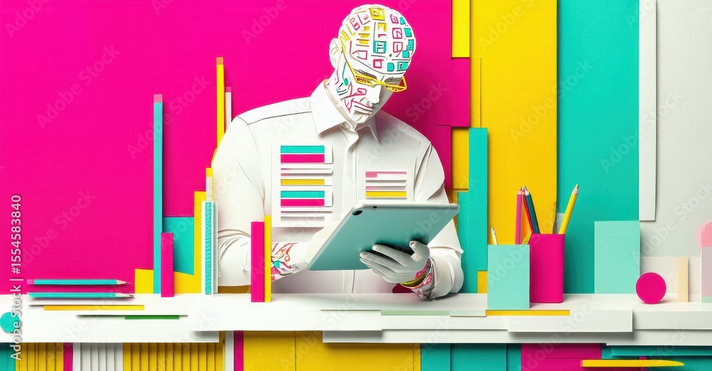 Poster man with patterned head uses tablet. bright geometric shapes surround figure, creating vibrant, mode