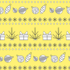 Christmas seamless pattern with baubles, gifts, and stars on yellow background