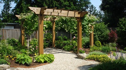 climbing grape vines around wooden garden pergola