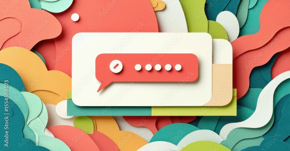 Poster Papercraft style image shows message bubble with dots. Background features layered colorful shapes, creating abstract design.
