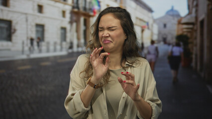 Woman pinches nose gesture on sunlit cobblestone street in front of a historic building facade;...