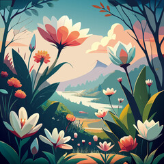 Illustrated garden scene with wildflowers and mountainside.