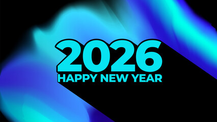 Happy New Year 2026 festive graphic design. Black long shadow. Bright blurred color gradients. Vector illustration.	