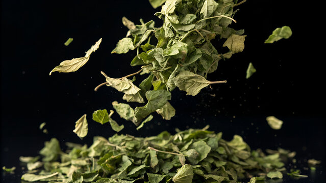 Dried oregano leaves falling and forming a pile against a dark background showcasing their texture and color