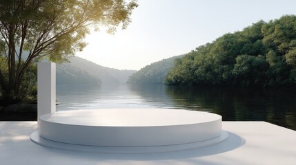 Serene Lakeside Product Display: Minimalist White Platform, Tranquil Nature Background