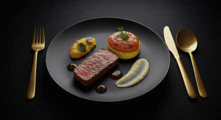 Gourmet Restaurant Dish Pan Seared Steak with Creamy Puree Pumpkin Flan and Sauce