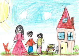 Child drawing buildings and cars. Happy family on a walk. Pencil art in childish style