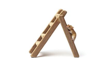 Harvest mouse climbing wooden ladder against white background for determination