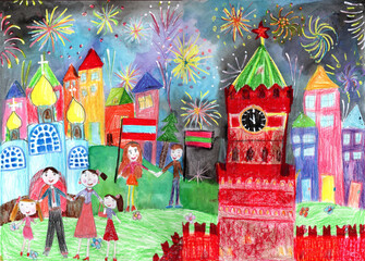 Childs drawing happy family. Happy family watching holiday fireworks. Happy family on a walk. Pencil art in childish style