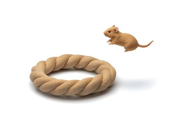 Mouse leaps through a rope ring, playful rodent jumping for joy, agility and fun, studio shot