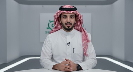 Confident Saudi Arabian Man in Traditional Attire, Ready to Speak