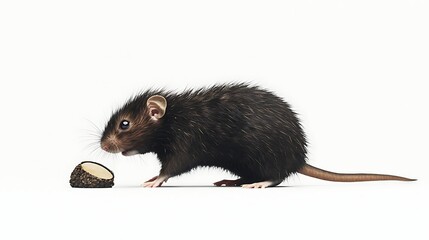 Brown rat with a piece of truffle on a white background, studio shot, close-up