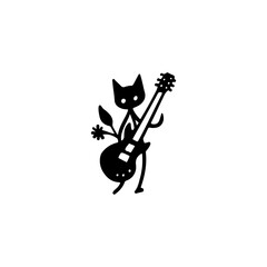 Cat Playing Guitar in Fun Vector Illustration. Charming black cat tattoo strumming an electric guitar with a playful demeanor.