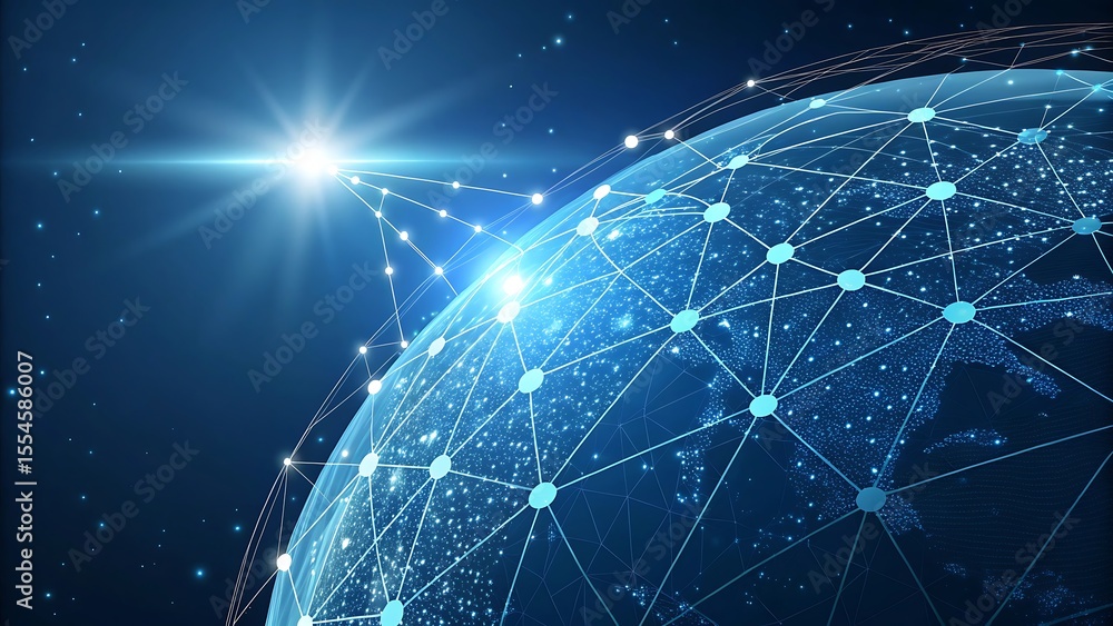 Poster abstract blue background with a glowing earth globe illustrating global network connection and techn