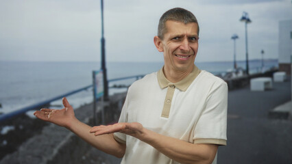 Man stands on a seaside promenade pointing sideways wearing casual polo with overcast sky in the...