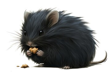 Adorable black mouse eating a cookie isolated on white background, cute rodent enjoying snack