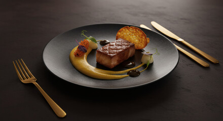 Gourmet Pan Seared Fish Dish with Saffron Sauce Crostini and Microgreens on Dark Plate