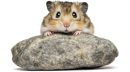 Adorable hamster portrait on a rock against white background studio shot for pet concepts